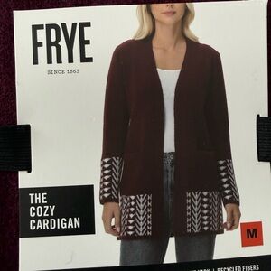Frye Burgundy Open-Front Cardigan with Patterned Trim